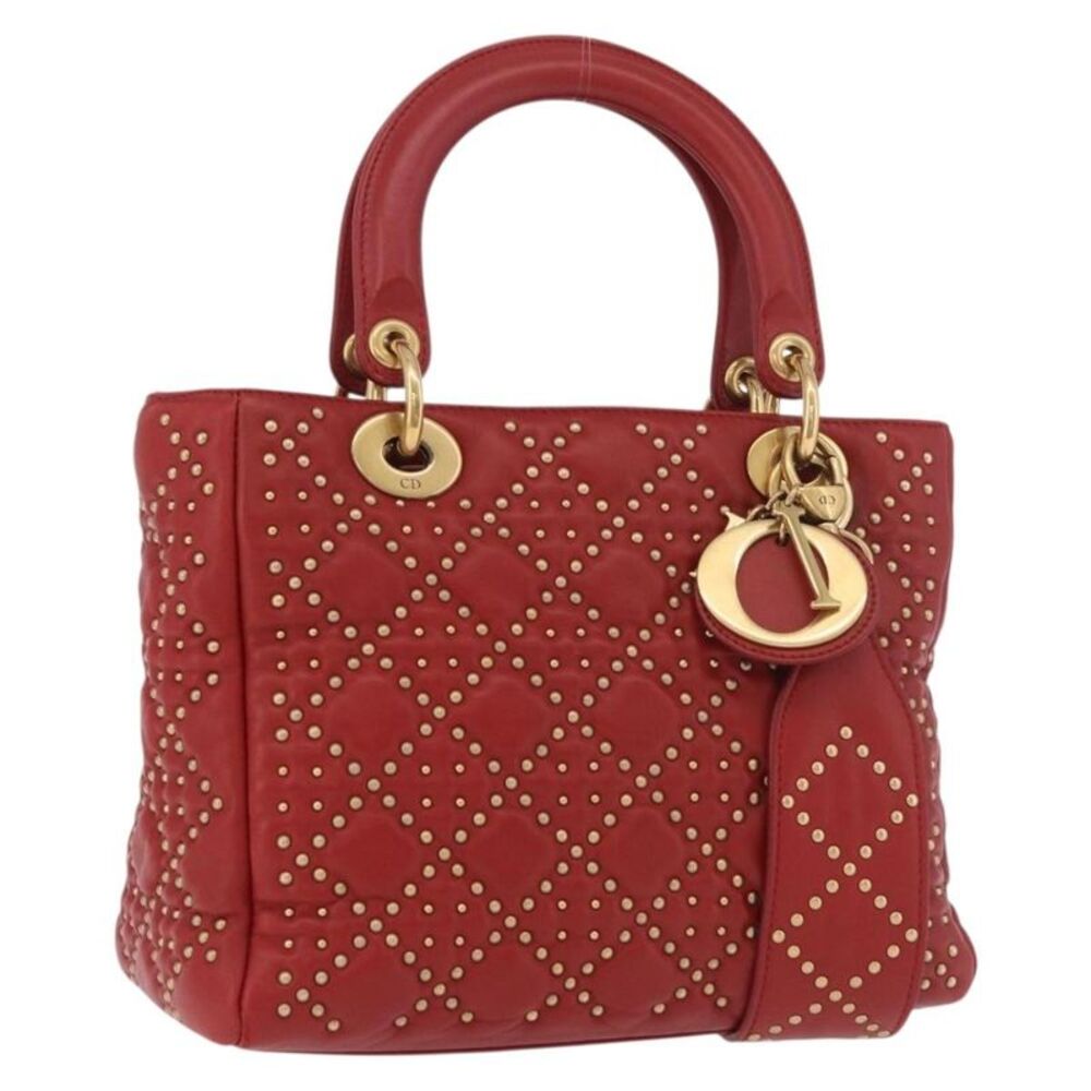 Christian Dior Supple Lady Dior Cannage Studded Lambskin Red Leather Handbag